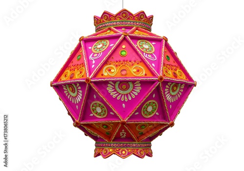 A vibrant and intricately decorated traditional indian lantern, possibly a kandil or diya, featuring geometric patterns and colorful embellishments, perfect for diwali or festive occasions