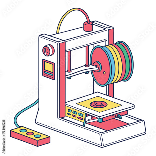 3d printer machine with colorful filament spool and control panel