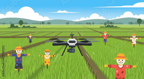 Agricultural drone flying over a green field for modern farming.