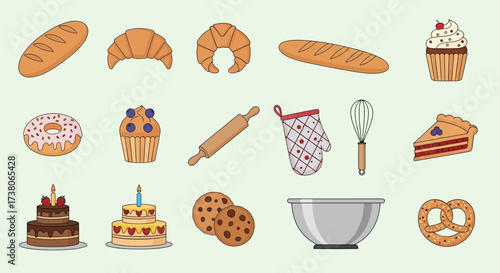 Assortment of freshly baked goods and essential baking tools.