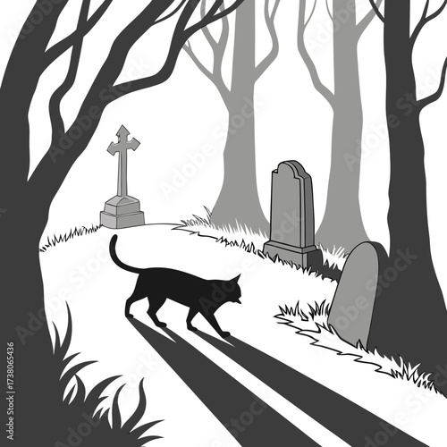 Black cat walks through a graveyard with tombstones and trees