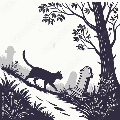 Black cat walks through a graveyard at night cemetery