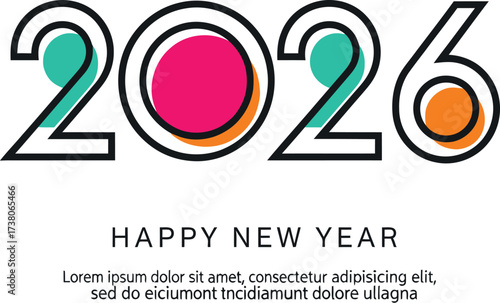 Vibrant 2026 New Year celebration with colorful circles and festive greeting.