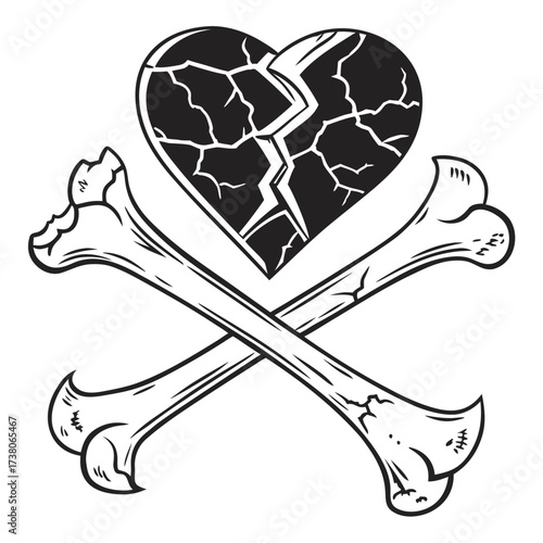 Black cracked heart with crossed bones graphic broken heart
