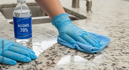 Wallpaper Mural Person Wearing Gloves Wiping Down a Kitchen Countertop With Rubbing Alcohol for Disinfection Torontodigital.ca