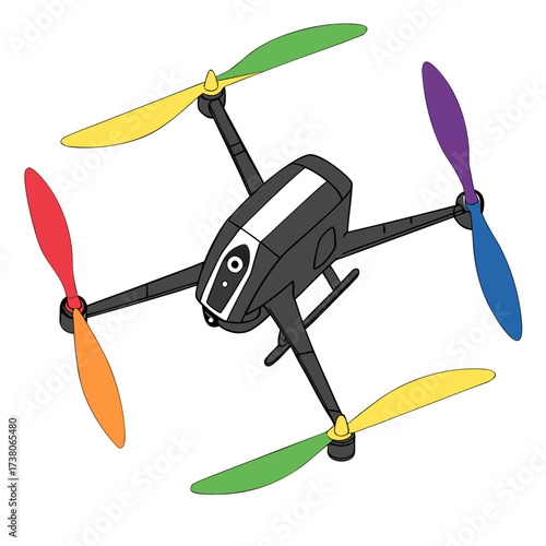 Black drone with rainbow colored propellers quadcopter