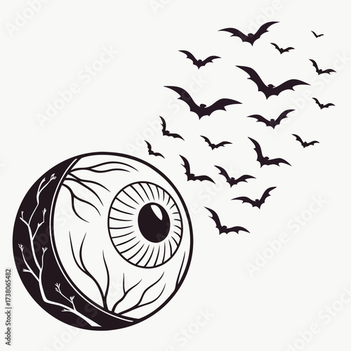 Black eyeball with flying bats graphic vector