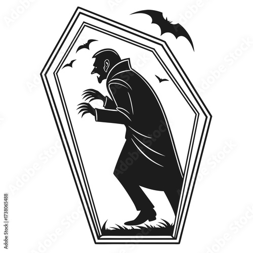 Black vampire silhouette in coffin shaped frame with bats