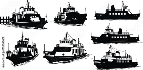 Black and white ferry boat silhouettes collection with multiple deck designs, smokestacks, lifeboats, and windows for transport, industrial, nautical illustration