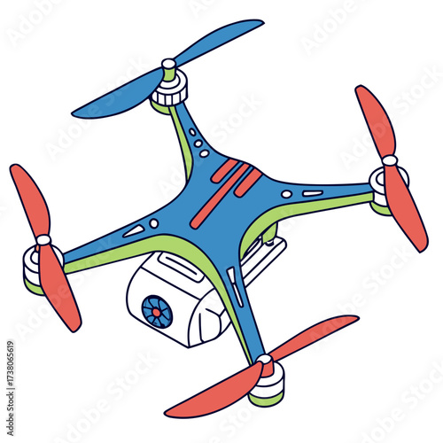 Blue and green drone with red propellers isolated quadcopter