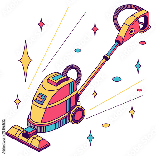 Bright colorful isometric vacuum cleaner with sparkles