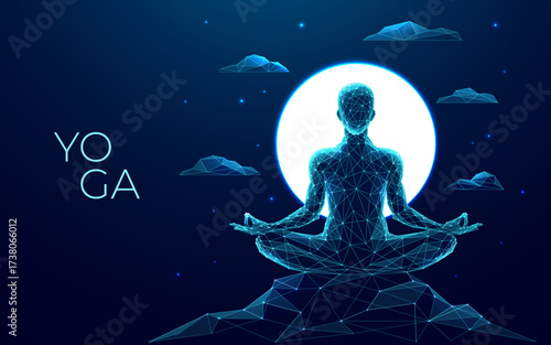 Yoga body human health polygon 3d science vector. Low poly meditation silhouette in lotus pose on mountain, moon, and clouds background, chakra aura, spiritual balance, futuristic zen.