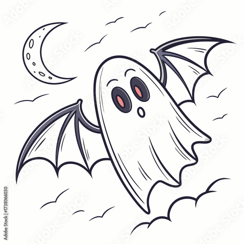 Cartoon ghost with bat wings flying at night halloween