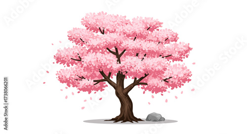 Cartoon Cherry Blossom Tree with Pink Flowers and Rock.