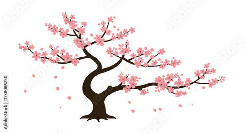 Stylized Cherry Blossom Tree with Falling Petals Illustration.