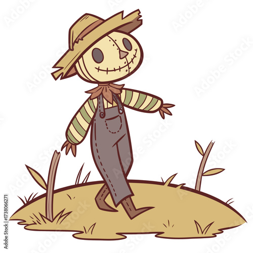 Cartoon scarecrow walking on a grassy patch straw overalls