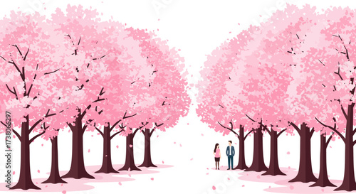Cherry Blossom Trees with Pink Flowers and a Couple.