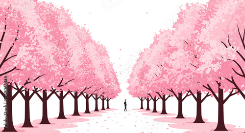 Avenue of Cherry Blossom Trees with Person Silhouette.