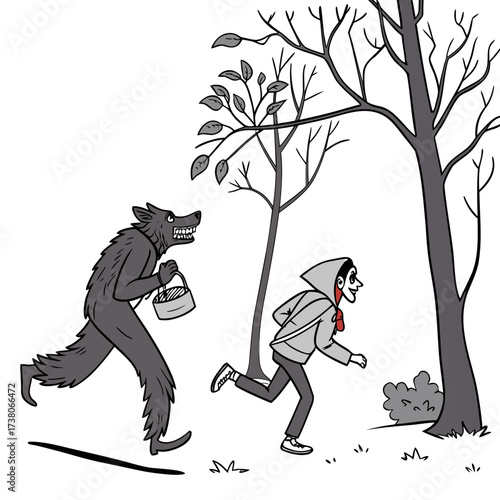 Cartoon wolf chases hooded figure through bare trees