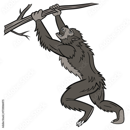 Cartoon werewolf hanging from tree branch monster creature