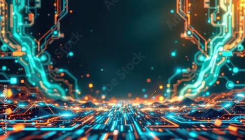 Wallpaper Mural Futuristic Digital Circuit Network with Neon Glow Torontodigital.ca