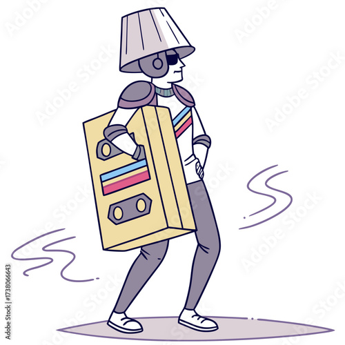 Character with cassette tape and lamp head on surfboard