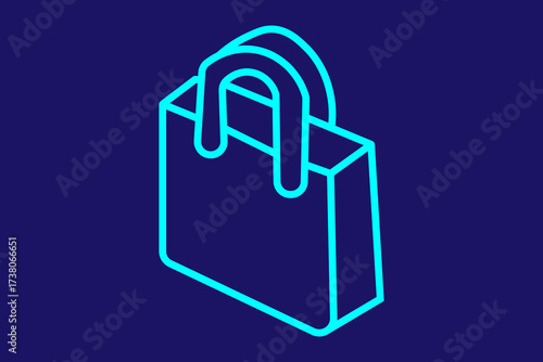 The image shows a minimalist shopping bag icon illustrated with cyan line art on a dark blue background. The bag has two curved handles and a simple 3D perspective, giving it a clean and modern look