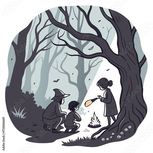 Children telling ghost stories around a campfire in a dark forest