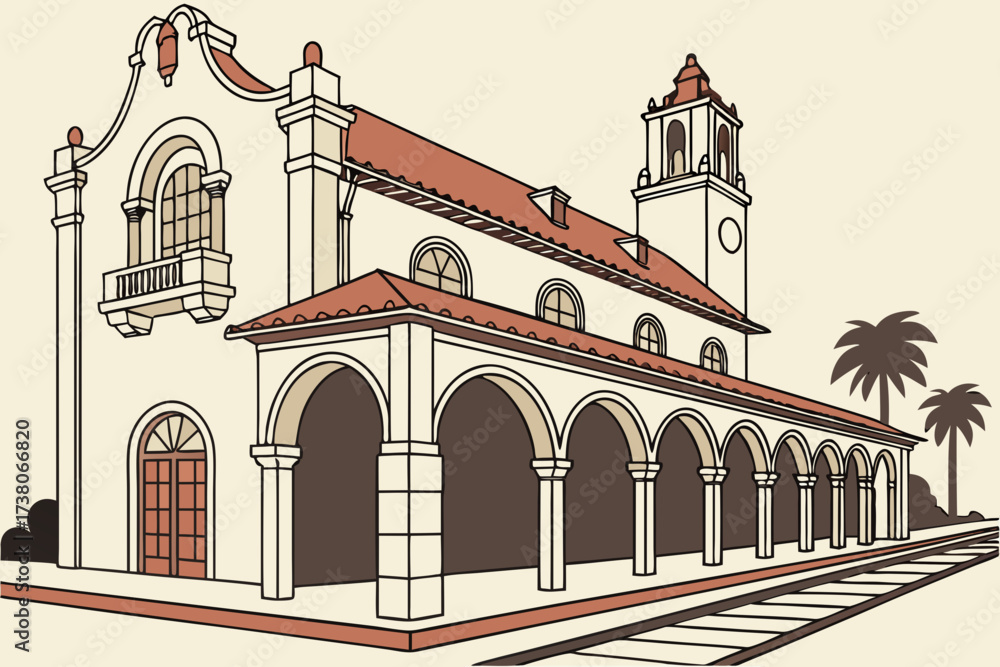 Obraz premium Orlando Amtrak Station in Florida, Spanish Revival style with arched arcade and red-tile roof