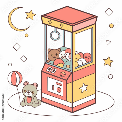 Colorful arcade claw machine with teddy bear and balloon
