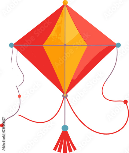 Colorful Diamond Kite with Tassels and Strings Flying in the Sky.