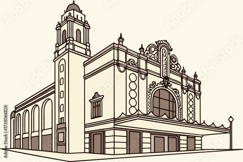 Orpheum Theatre in San Francisco, California, lavish Spanish-style décor with glowing marquee