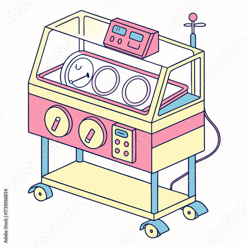 Colorful baby incubator on wheels with digital display