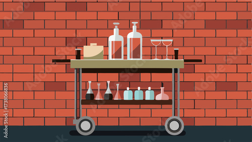 A modern bar cart with metallic accents and a collection of crystal decanters stands against a brick wall perfect for entertaining guests.