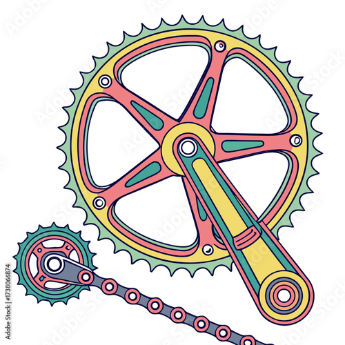 Colorful bicycle crankset and chain vector graphic