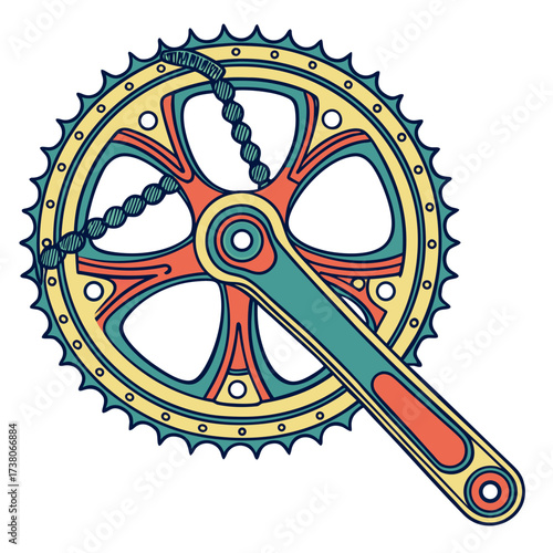 Colorful bicycle crankset and chain vector illustration