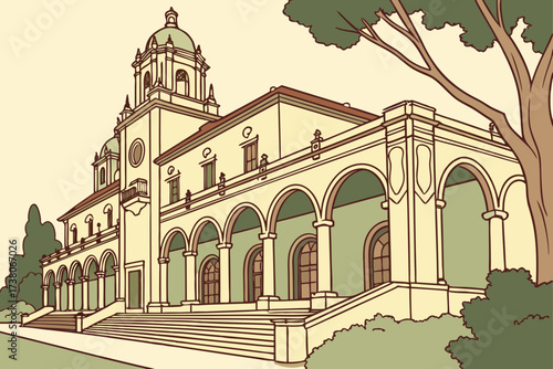 Pasadena Public Library in California, Mediterranean Revival design with arched arcades and courtyards