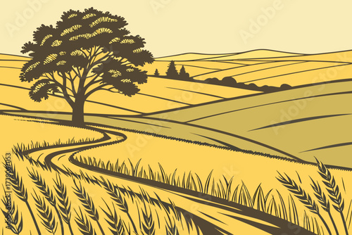 Palouse Wheat Fields in Washington, rolling patchwork of golden grain under soft evening light