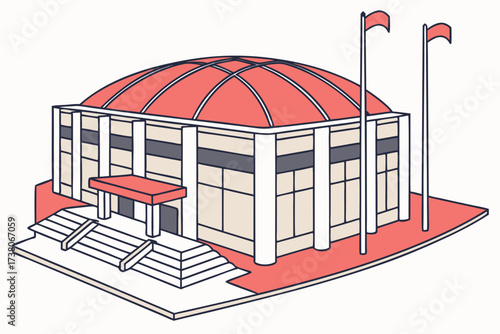 PNC Arena in Raleigh, North Carolina, red-trimmed dome arena with broad entry plaza and flags
