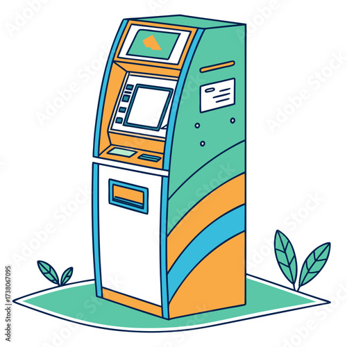Colorful cartoon atm machine with green orange and blue