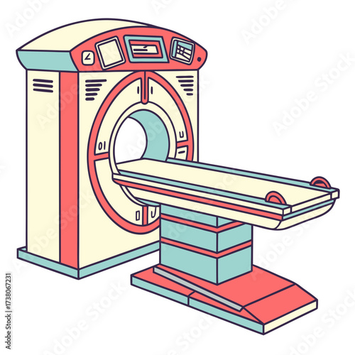 Colorful cartoon medical scanner with examination bed