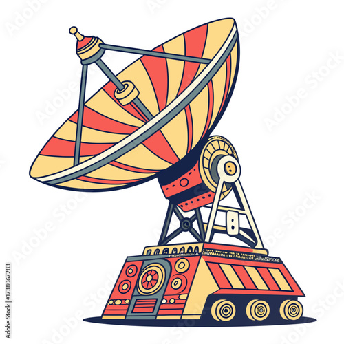 Colorful cartoon satellite dish on wheels antenna space
