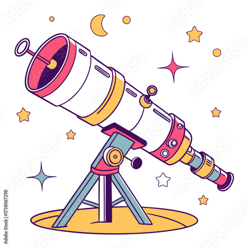 Colorful cartoon telescope with stars and moon astronomy