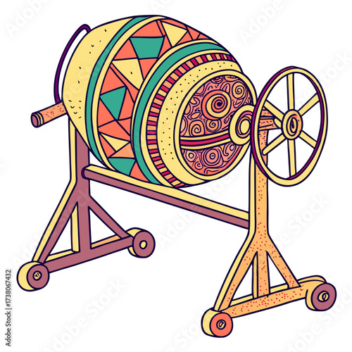 Colorful cement mixer with tribal patterns construction