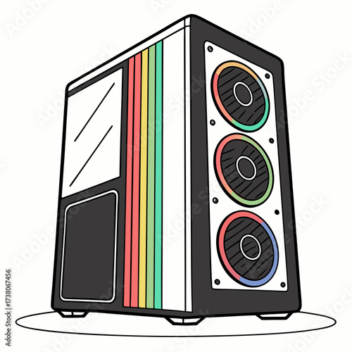 Colorful computer tower with rgb fans and striped side panel