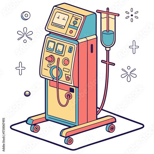 Colorful dialysis machine with I V drip and medical icons