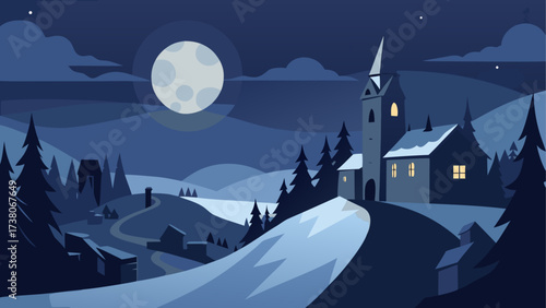 Night scene with church and full moon