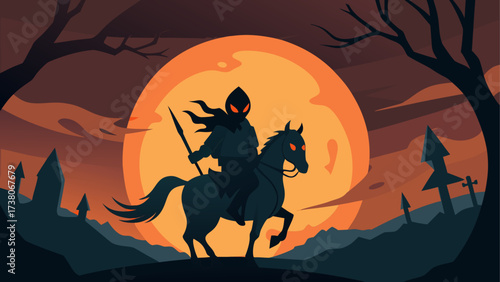 Headless horseman riding under full moon