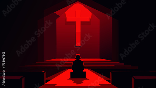 Silhouette praying before a red cross art
