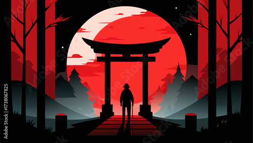 Silhouette of man walking toward red gate